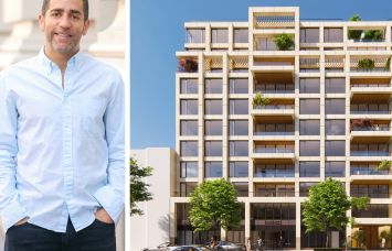 Martin Nussbaum of Slate Property Group and a rendering of 264-272 West 135th Street.