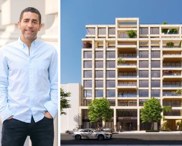 Martin Nussbaum of Slate Property Group and a rendering of 264-272 West 135th Street.