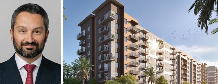 Baron Property Group President and founder Matthew Baron and a rendering of Metro Parc in Hialeah, Fla.
