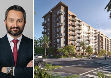 Baron Property Group President and founder Matthew Baron and a rendering of Metro Parc in Hialeah, Fla.