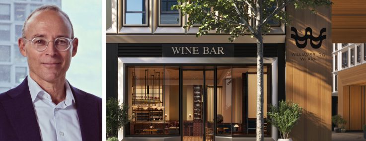Miki Naftali of Naftali Group and a rendering of the wine bar planned for Williamsburg Wharf.