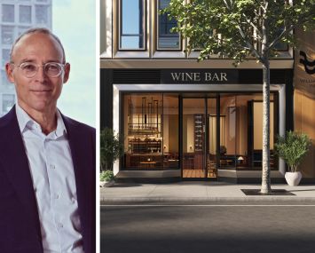 Miki Naftali of Naftali Group and a rendering of the wine bar planned for Williamsburg Wharf.