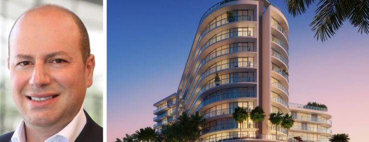 Arrow Real Estate Advisors' Morris Betesh and a rendering of 7200 Collins Avenue, Miami Beach, Fla.