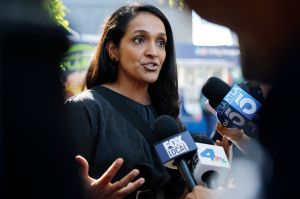 Los Angeles City Councilmember and mayoral candidate Nithya Raman speaks to the media.