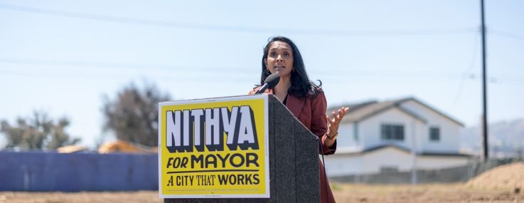Los Angeles City Councilwoman and mayoral candidate Nithya Raman makes a campaign stop at an empty lot in the Palisades Fire zone.