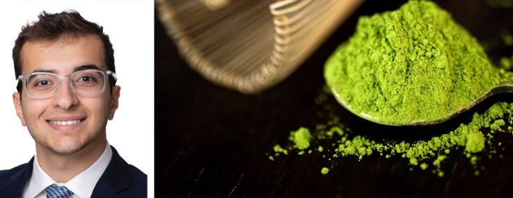 Meridian Capital Group's Noam Aziz (top) and Carson Shahrabani, and a matcha whisk and powder.
