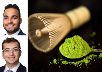 Meridian Capital Group's Noam Aziz (top) and Carson Shahrabani, and a matcha whisk and powder.