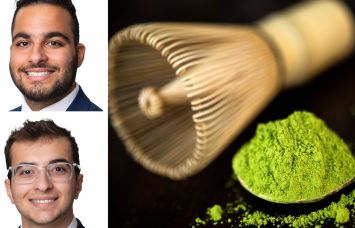 Meridian Capital Group's Noam Aziz (top) and Carson Shahrabani, and a matcha whisk and powder.