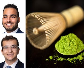 Meridian Capital Group's Noam Aziz (top) and Carson Shahrabani, and a matcha whisk and powder.