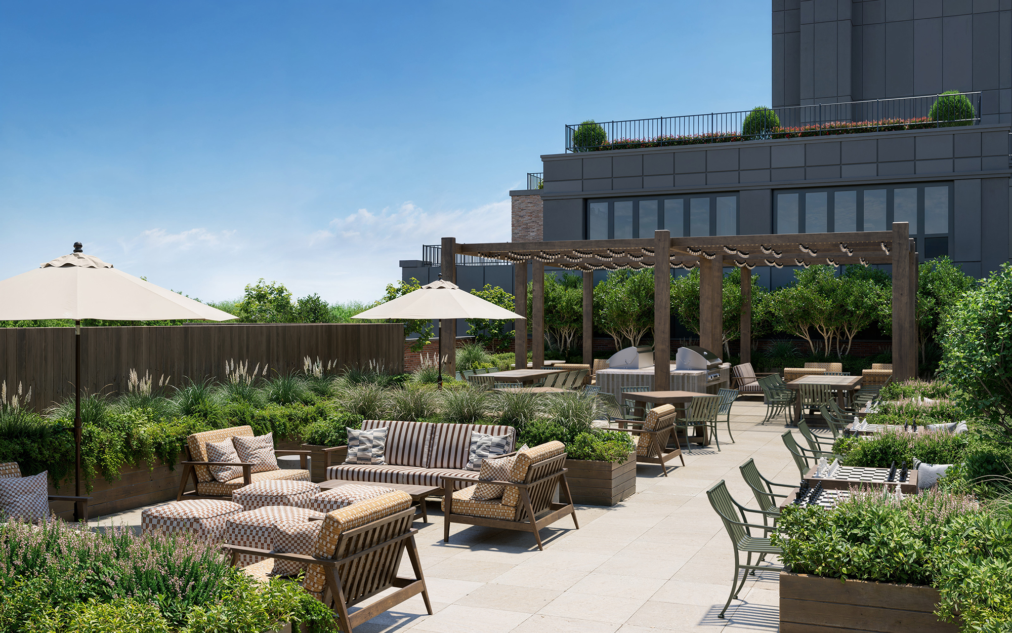 The landscaped rooftop offers residents a place to get away without leaving home.