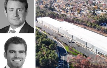 JLL's Peter Rotchford (top) and Tyler Peck, and Rechler Business District in Medford, N.Y.