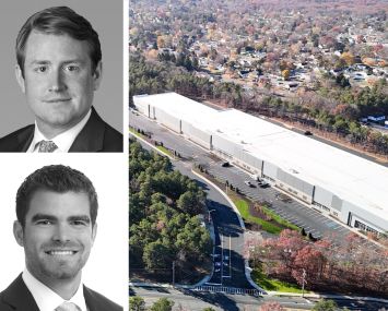 JLL's Peter Rotchford (top) and Tyler Peck, and Rechler Business District in Medford, N.Y.