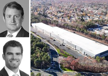 JLL's Peter Rotchford (top) and Tyler Peck, and Rechler Business District in Medford, N.Y.