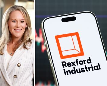 Rexford Industrial CEO Laura Clark and a mobile phone displaying Rexford's logo.