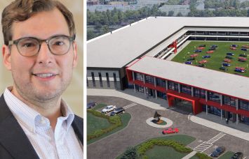 PACE Loan Group's Robbie Pinkas and a rendering of Maranello Luxury Garages, Plano, Texas.