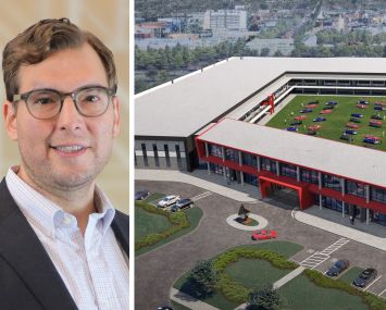 PACE Loan Group's Robbie Pinkas and a rendering of Maranello Luxury Garages, Plano, Texas.