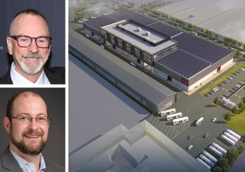 Great Point Studios CEO Robert Halmi (top), Nuveen Green Capital's Michael Doty and a rendering of Great Point Studios in Newark, N.J.
