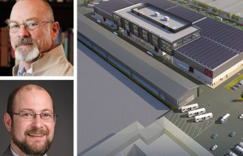 Great Point Studios CEO Robert Halmi (top), Nuveen Green Capital's Michael Doty and a rendering of Great Point Studios in Newark, N.J.