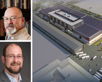 Great Point Studios CEO Robert Halmi (top), Nuveen Green Capital's Michael Doty and a rendering of Great Point Studios in Newark, N.J.