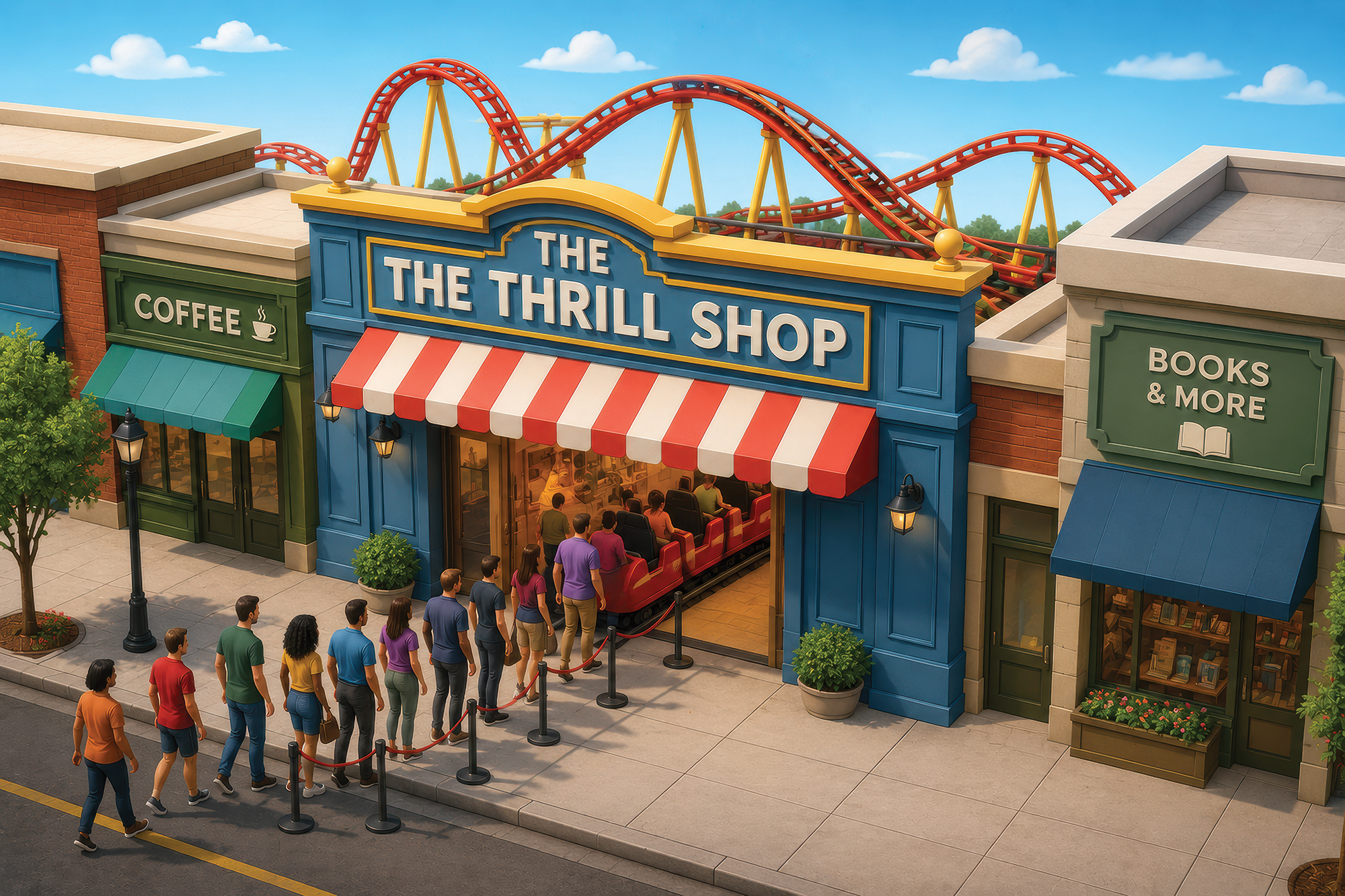 An illustration of people entering a store and getting on a roller coaster.