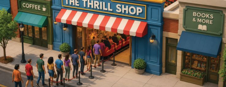 An illustration of people entering a store and getting on a roller coaster.