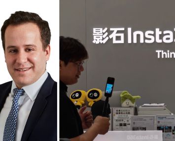 Newmark's Ross Berkowitz and an Insta360 store in Shanghai, China.