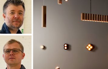 Stickbulb founders Russell Greenberg (top) and Christopher Beardsley, and an array of fixtures from Stickbulb.