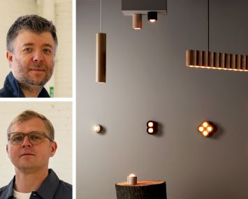 Stickbulb founders Russell Greenberg (top) and Christopher Beardsley, and an array of fixtures from Stickbulb.