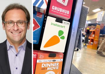 Empire State Realty Trust's Ryan Kass and an Instacart gift card hanging on a display.