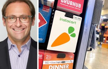 Empire State Realty Trust's Ryan Kass and an Instacart gift card hanging on a display.