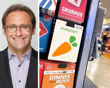 Empire State Realty Trust's Ryan Kass and an Instacart gift card hanging on a display.