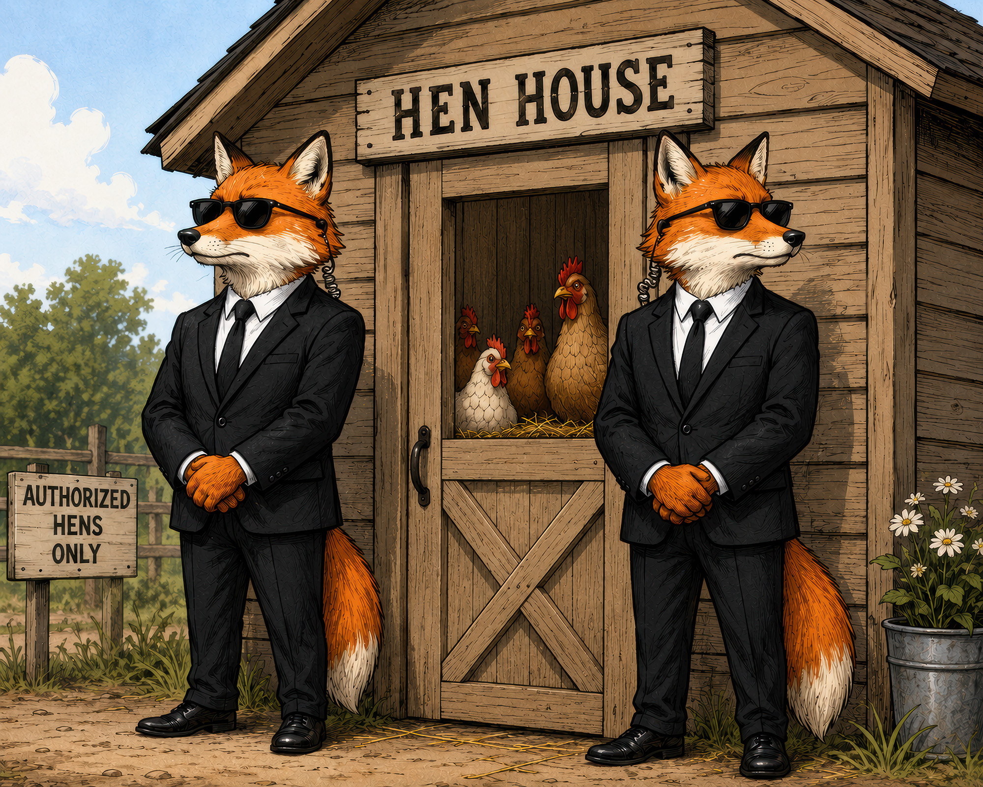 Illustration of two foxes guarding a henhouse.