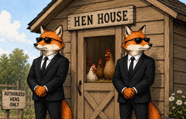 Illustration of two foxes guarding a henhouse.