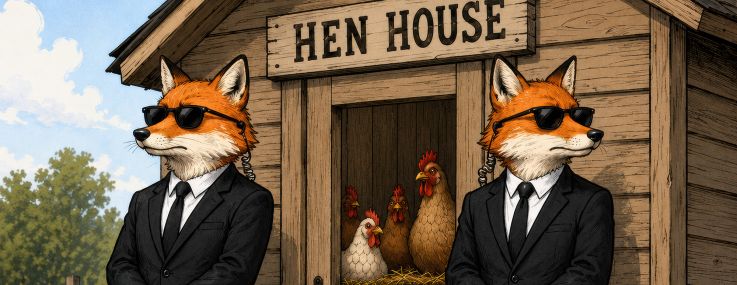 Illustration of two foxes guarding a henhouse.