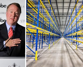 Stockbridge's Terry Fancher and empty shelves lining a warehouse.