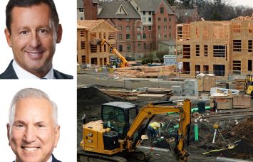 Todd Jones (left) and Stephen Rosenberg of Greystone, and apartment housing under construction.