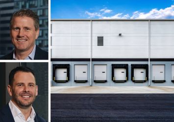 CBRE's Tom Traynor (top) and Tom Rugg, and the loading dock of a warehouse.