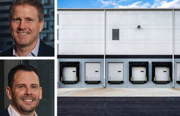 CBRE's Tom Traynor (top) and Tom Rugg, and the loading dock of a warehouse.