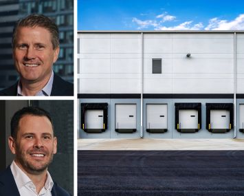 CBRE's Tom Traynor (top) and Tom Rugg, and the loading dock of a warehouse.