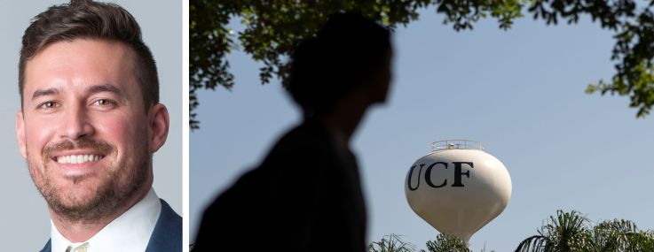 Affinius Capital's Tyler Figley and a student walks past a water tower at the University of Central Florida.