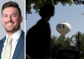 Affinius Capital's Tyler Figley and a student walks past a water tower at the University of Central Florida.
