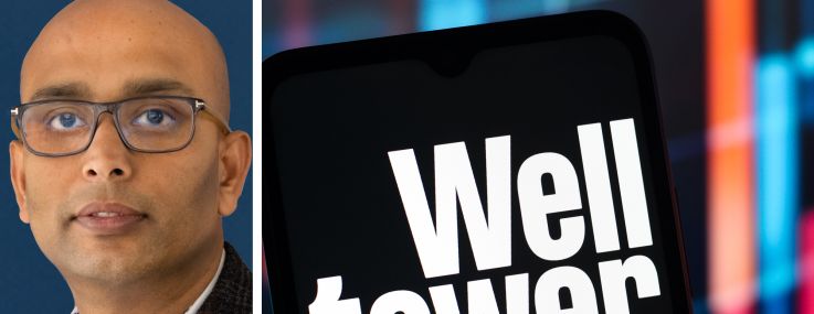 Welltower CEO Shankh Mitra and the Welltower logo displayed on a mobile phone.