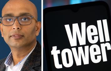 Welltower CEO Shankh Mitra and the Welltower logo displayed on a mobile phone.