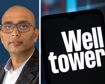 Welltower CEO Shankh Mitra and the Welltower logo displayed on a mobile phone.