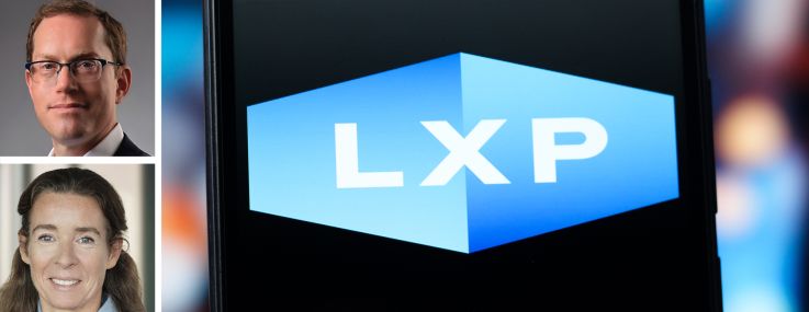 LXP Investment Trust's T. Wilson Eglin (top), Brookfield Real Estate's Lowell Baron (center), CPP Investments' Sophie van Oosterom and the LXP logo displayed on a mobile phone.