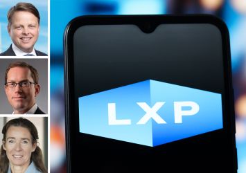 LXP Investment Trust's T. Wilson Eglin (top), Brookfield Real Estate's Lowell Baron (center), CPP Investments' Sophie van Oosterom and the LXP logo displayed on a mobile phone.