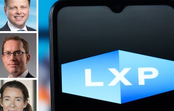 LXP Investment Trust's T. Wilson Eglin (top), Brookfield Real Estate's Lowell Baron (center), CPP Investments' Sophie van Oosterom and the LXP logo displayed on a mobile phone.