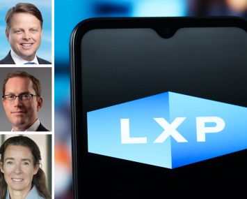 LXP Investment Trust's T. Wilson Eglin (top), Brookfield Real Estate's Lowell Baron (center), CPP Investments' Sophie van Oosterom and the LXP logo displayed on a mobile phone.