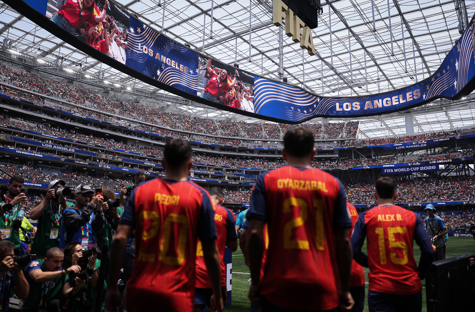 Players for Spain head out for the second half of a FIFA World Cup Round Of 32 match against Austria at Los Angeles Stadium.