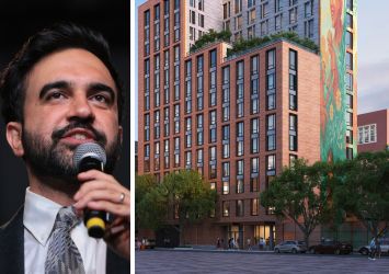 Mayor Zohran Mamdani and a rendering of The Aurea planned for 324 East 5th Street.